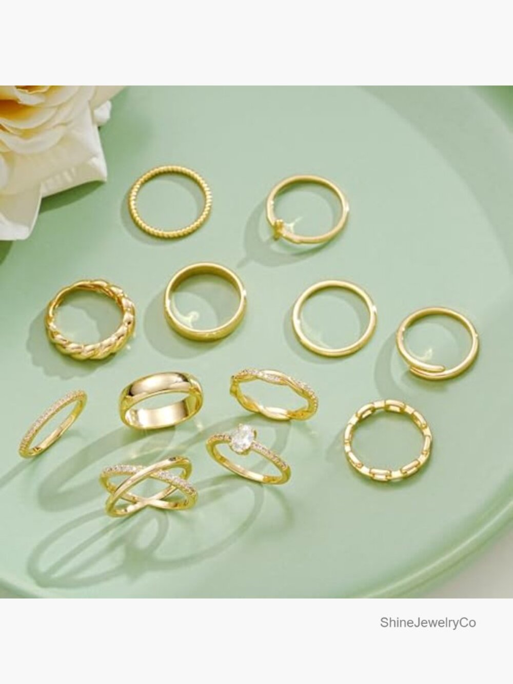 12 PCS Dainty 14K Gold Plated Stacking Rings Set - Eternity Open Twist Criss - Picture 3 of 6